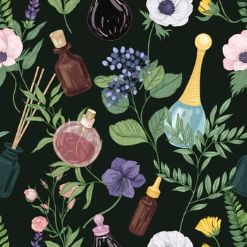 Floral seamless pattern with gorgeous tender blooming flowers and perfume in glass bottles or flasks on black background. Backdrop in antique style. Elegant illustration for fabric print vector