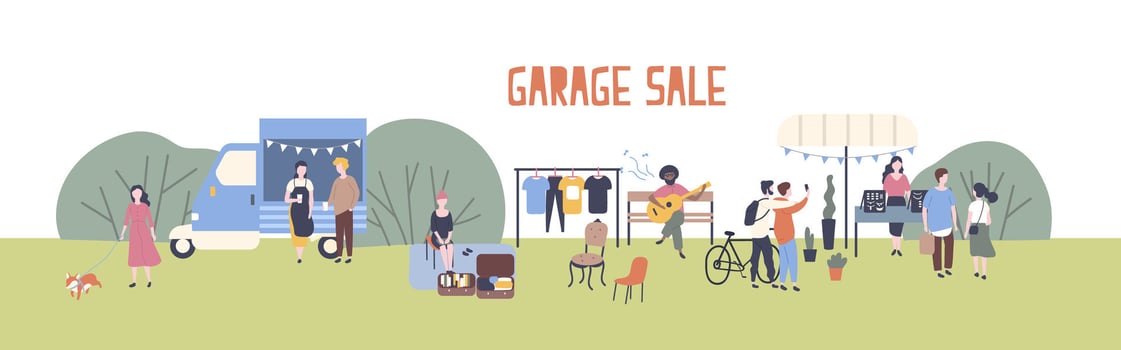 Horizontal web banner template for garage sale or outdoor festival with food van, men and women buying and selling goods at park. Flat cartoon colorful illustration for event advertisement vector