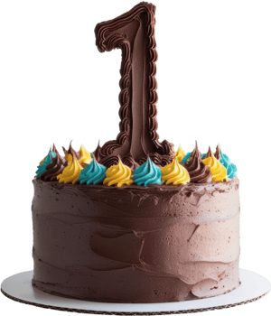 Delightful chocolate birthday cake featuring a vibrant number one topper. Perfect for first birthday celebrations, this cake is a sweet centerpiece for any festive occasion. png