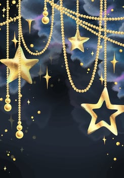 Golden beads with toys stars hanging with shimmer. Watercolor illustration New Year Christmas hand drawn. Vertical template, frame, decorative framing, card on the background of the night sky vector
