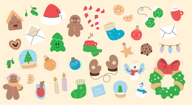 Merry Christmas and Happy New year cartoon mascot objects set. Holiday retro symbols illustration vector