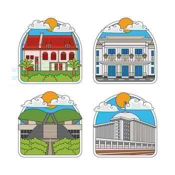 indonesia landmark of a fort rotterdam, merdeka building, istiqlal grand mosque vector