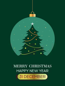 New Year Greeting Card, Christmas Tree In Ball With Golden Elements, Green Poster vector