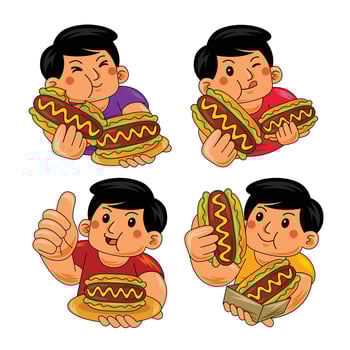young man eating hot dog illustration vector