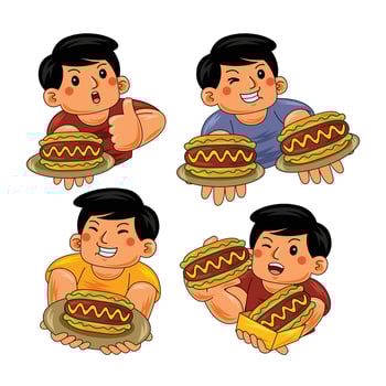 young man eating hot dog illustration vector