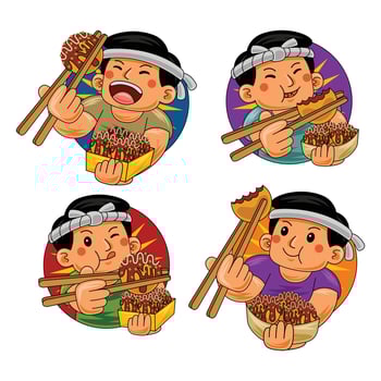 man eating takoyaki japan food illustration vector