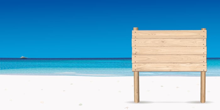 Blank whitewashed wooden signboard posts on white sand beach with tropical blue sea have blue sky background graphic illustration. vector