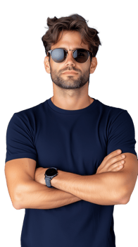 Confident man in sunglasses with crossed arms on transparent background png