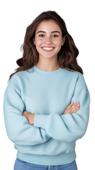 Smiling woman in blue sweater with transparent background png
