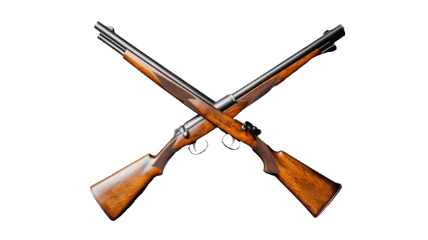 Crossed shotguns on transparent background with detailed wood finish and metal accents png
