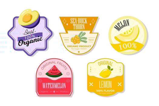 Retro fruits banner and labels. Different juices stickers. Packaging tags with lemon, watermelon, melon, seabuckthorn. Set of seasonal fruits labels stickers and marks or badges template for packaging vector