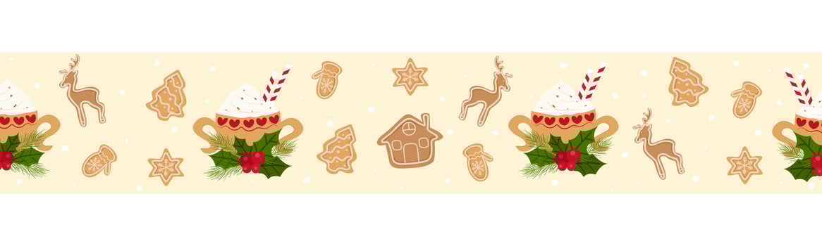 Cute hand drawn horizontal seamless pattern with Christmas cups, gingerbread cookies, Christmas flowers, holly leaves and berries, great for textiles, cards, banners, wallpapers vector