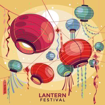 Chinese Paper Lantern scattered across the night sky on Festival Celebration vector