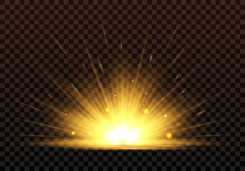 A bright golden light effect, sunrise, sunrays, burst, star. Highlights and multiple realistic rays. Isolated abstract effect on dark background for web designs, new year, birthday, concerts and etc. vector