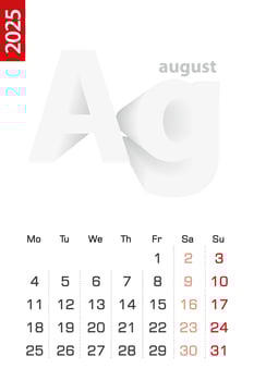 Minimalist calendar template for August 2025, calendar in English. vector