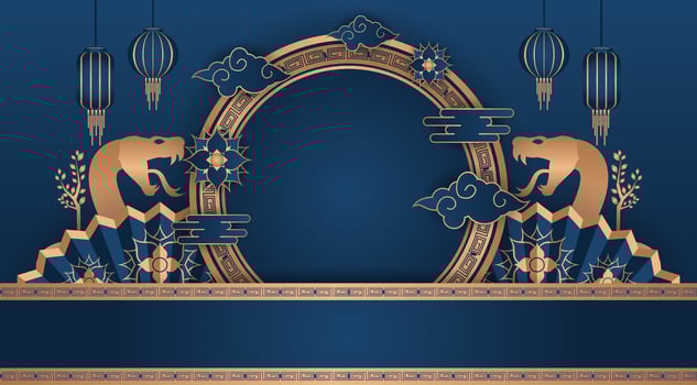 chinese new year greeting card with golden frame and oriental decorations vector