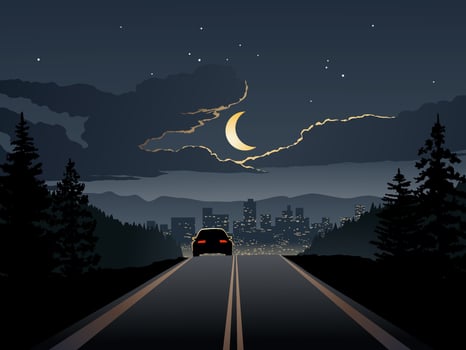 Dramatic calm night over highway with a car and city skyline vector