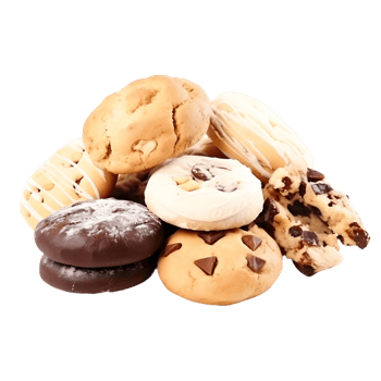 A pile of assorted cookies and pastries, including chocolate chip cookies isolated on a transparent background png