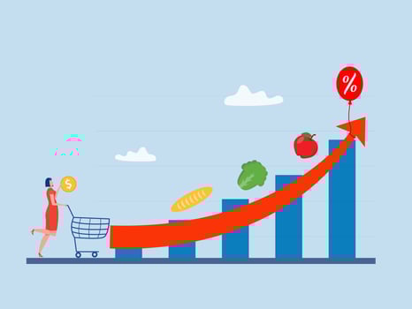 goods Inflation, businessman analysis with Rising food price crisis,Prices of commodities and consumer goods rose due to rising inflation concept. illustration vector