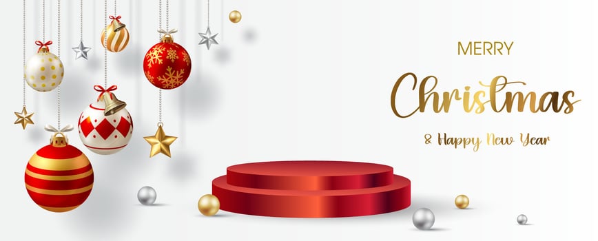 Luxury promotional posters for product discounts with product stage of Christmas celebration with Christmas balls decorated hanging in 3d style on white background vector