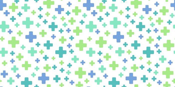 Medical repeat background with blue and green cross on white. Pharmacy seamless pattern. vector