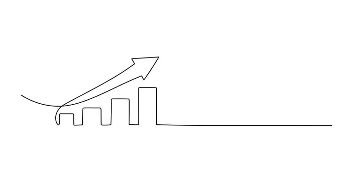 Growth chart one line illustration. Hand drawn doodle sketch, graph with arrow. Financial success graphic vector