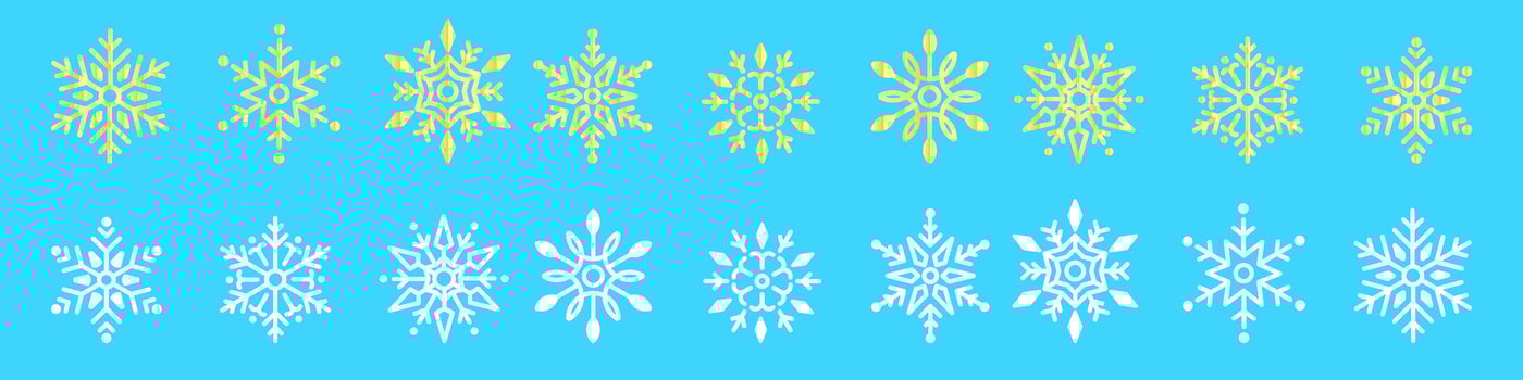 Snowflake variations icon collection. Snowflakes white ice and gold crystal on blue background. Christmas element vector