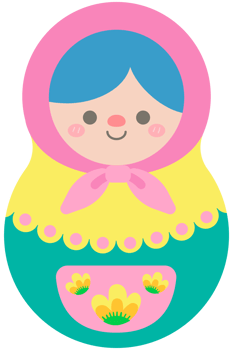 Hand Drawn Cute Matryoshka Russian Dolls Pink and Yellow headscarf png