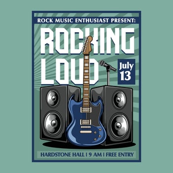 Vintage Rock Music Night party festival concert poster flyer with electric guitar, microphone, and speaker illustration style vector