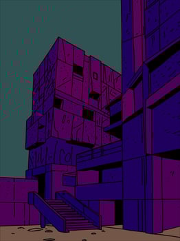 Modern Brutalist Architecture Building Illuminated In Purple Night Lighting With Industrial Staircase. vector