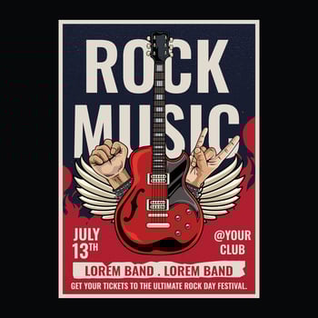 Vintage Rock Day live music festival concert poster flyer with red electric guitar, rock finger sign, and wings illustration style vector