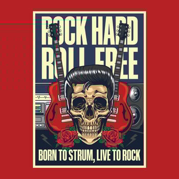 Vintage Rock Hard Roll Free live music festival concert poster flyer with a skull head, red electric guitar, radio, and speaker in illustration style vector
