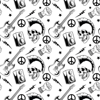 Retro Electric Guitar, Speaker, Peace and Bolt Grunge Punk Skull Rock Music in black and white seamless pattern music background illustration for textiles, wallpaper, wrapping vector