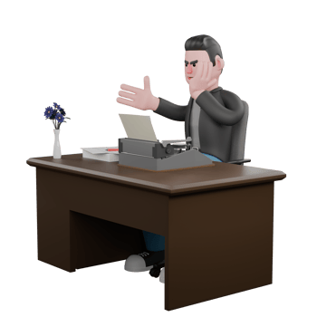 Creative Screenwriter Cartoon Artistic Model. A male screenwriter sits with a typewriter at the desk, one hand holding his chin, focused gaze. 3D Design png