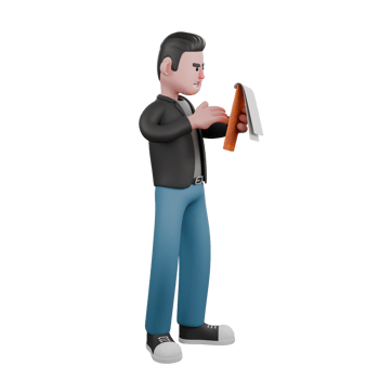 Cartoon 3D Character Design. A male screenwriter stands with his left hand holding a clipboard, a calculating expression. Artistic Screenwriter Illustration png