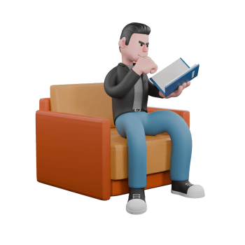 Professional Screenwriter Cartoon Design. a male screenwriter sits on a sofa with his left hand holding a book and his right hand clenched. 3D Artistic Model png