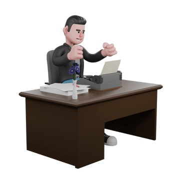 Creative 3D Model. a male screenwriter sits on a chair with both hands clenched with a happy expression. Cartoon Screenwriter Illustration Design png