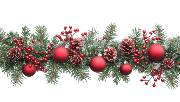 Festive Christmas Garland Red Ornaments Pine Cones Berries Snow png