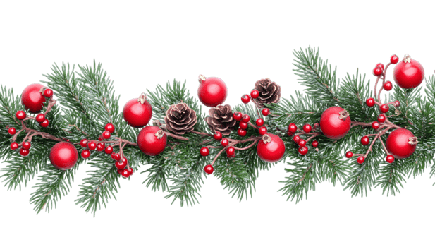 Festive Christmas Garland Red Ornaments Pine Cones Berries Fir Branches Holiday Decoration png