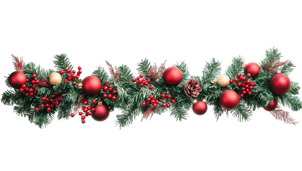 Festive Christmas Garland with Red Ornaments Pine Cones Berries png