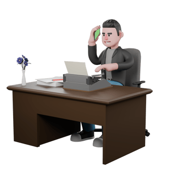 Screenwriter 3D Cartoon Model Design. A Male Screenwriter sits with a typewriter on the table and his right hand holds a cell phone next to his ear. 3D Model Character png