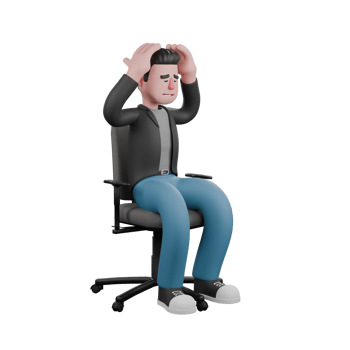 Creative 3D Model. A male screenwriter sits on a chair with both hands on his head, eyes closed. Screenwriter Character png