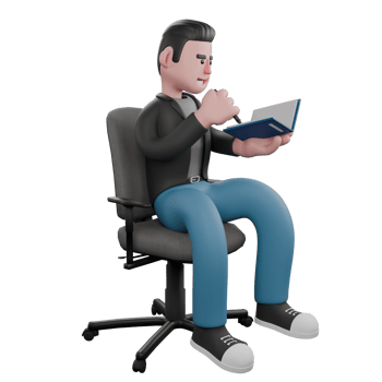 Screenwriter 3D Cartoon Model Design. A male screenwriter sits on a work chair with a book in his hand while writing. 3D Design png