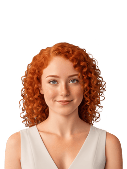 Young woman with curly red hair and freckles, a gentle, serene smile, her eyes reflecting calm and contentment. Her casual png