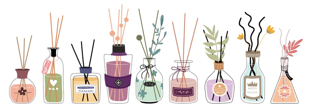 Set with cute illustrations of decorative reed diffuser bottles in various designs, adorned with floral elements and labels. vector