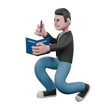 Screenwriter 3D Cartoon Model Design. A male Screenwriter kneels while wr png