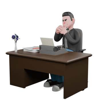 Artistic Screenwriter 3D Cartoon Character. A male Screenwriter sits with his back straight, both hands clenched, focused expression.3D Design png