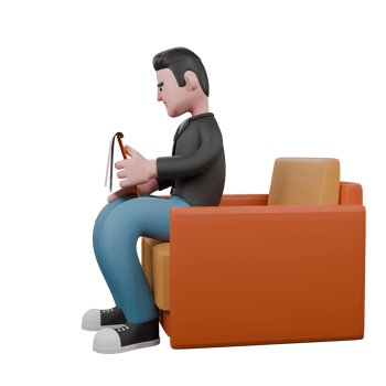 3D Cartoon Artistic Model. A male screenwriter sits on a sofa with one hand holding a clipboard, checking a script with a serious expression. 3D Artistic Model png