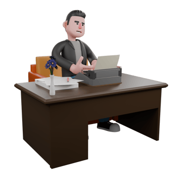 3D Cartoon Artistic Model. A male screenwriter sits on a sofa while typing a script on a typewriter at his desk, his expression focused. Model Design png