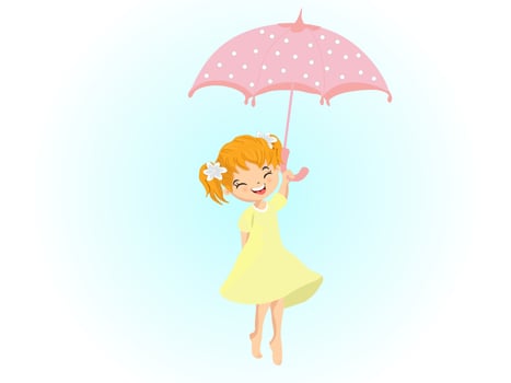 Cute little girl in flying away in the sky with her pink umbrella. Funny illustration. Textile apparel print, wall art. vector